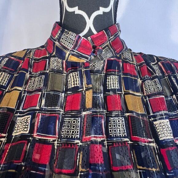 Yves St Clair Bold Maximal Square Print Mock Neck Long Sleeve Blouse Size 12 - Picture 3 of 8